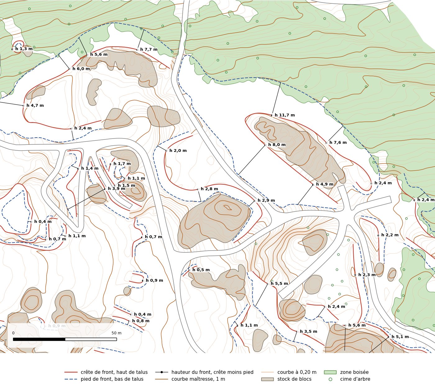 Plan topographique LiDAR d'une ancienne carrière et de ses fronts de taille